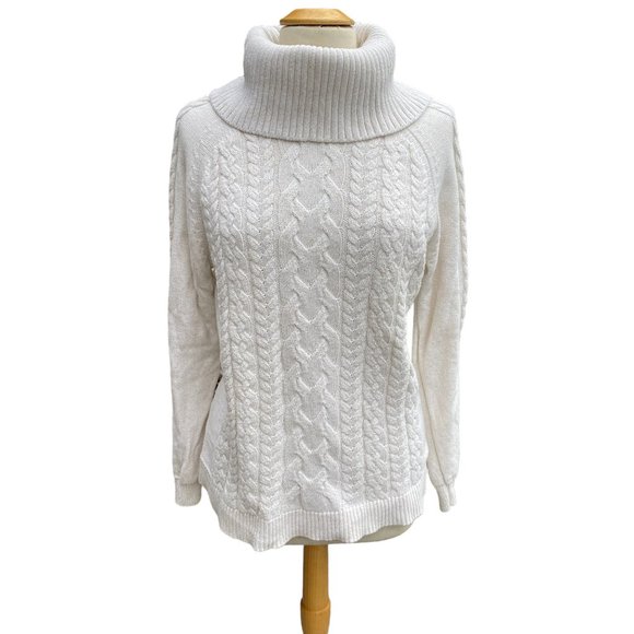 Tommy Bahama Cable Knit Turtleneck Sweater Cream Gold Metallic Sz L - Picture 14 of 14